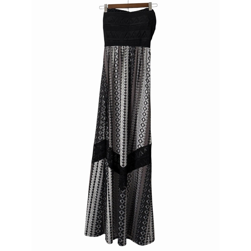 Vanity Strapless Maxi Dress Lace Panel Crochet Bust Tribal Print XS